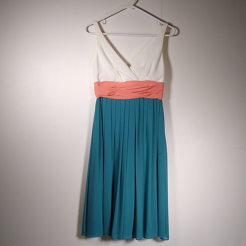 Watters Wtoo teal blue color block bridesmaid party dress sleeveless cocktail 2